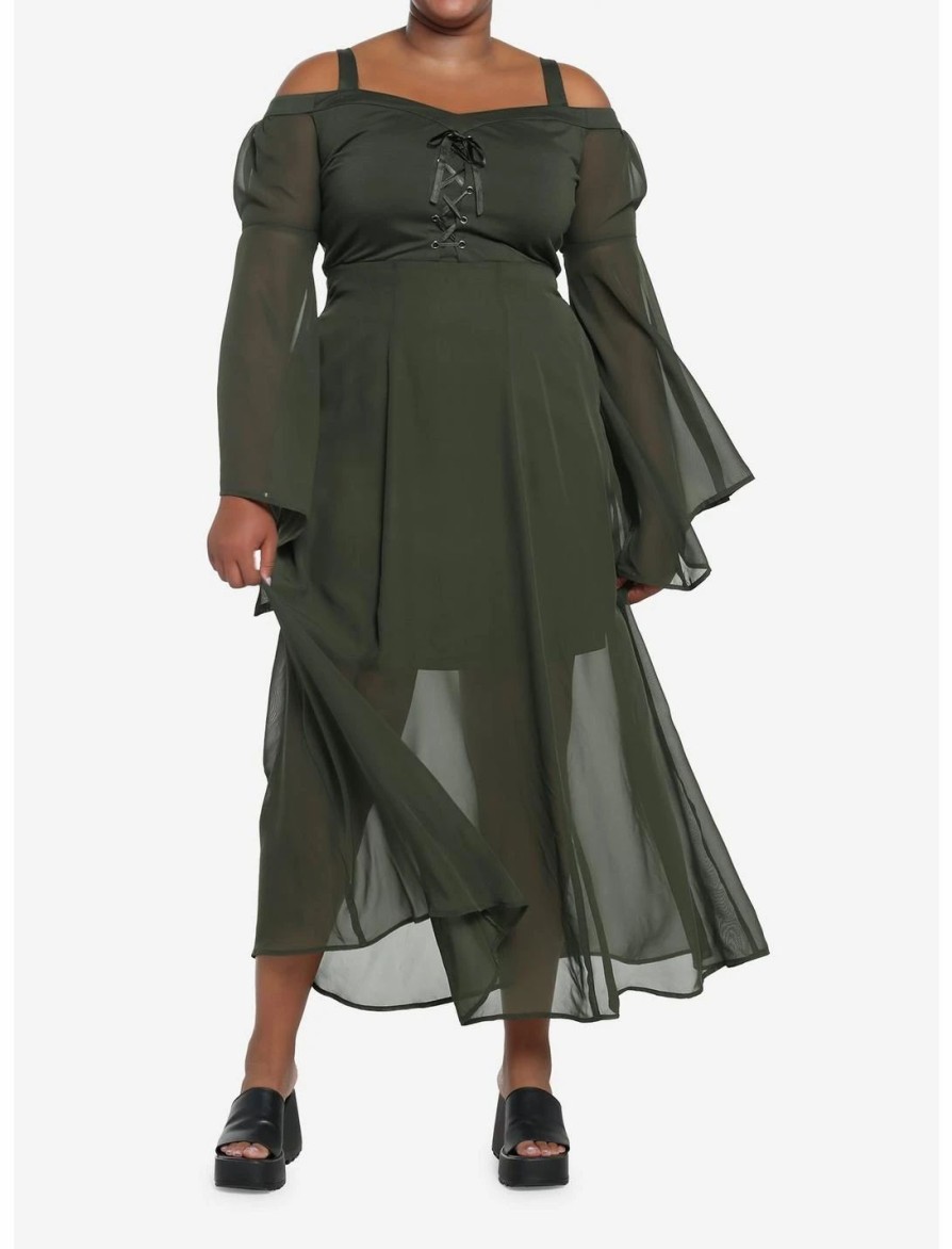 * Dresses | Hunivers Forest Green Chiffon Cold Shoulder Maxi Dress Plus Size