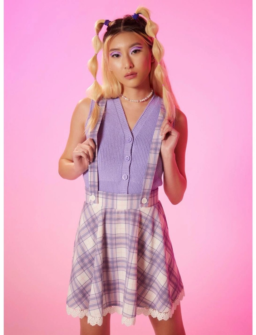 * Bottoms | Hunivers Pink & Purple Plaid Lace Suspender Skirt