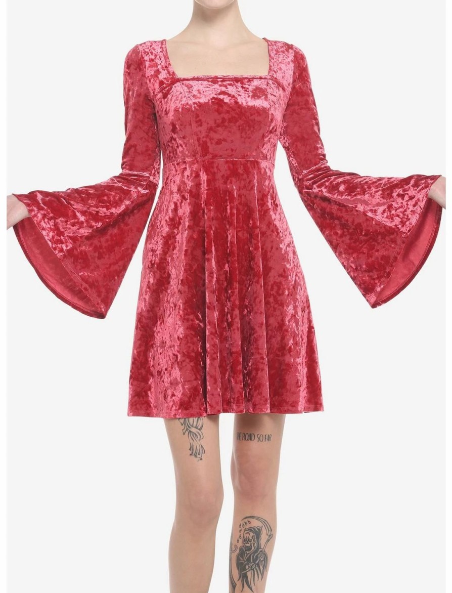 * Dresses | Null Red Crushed Velvet Bell Sleeve Mini Dress