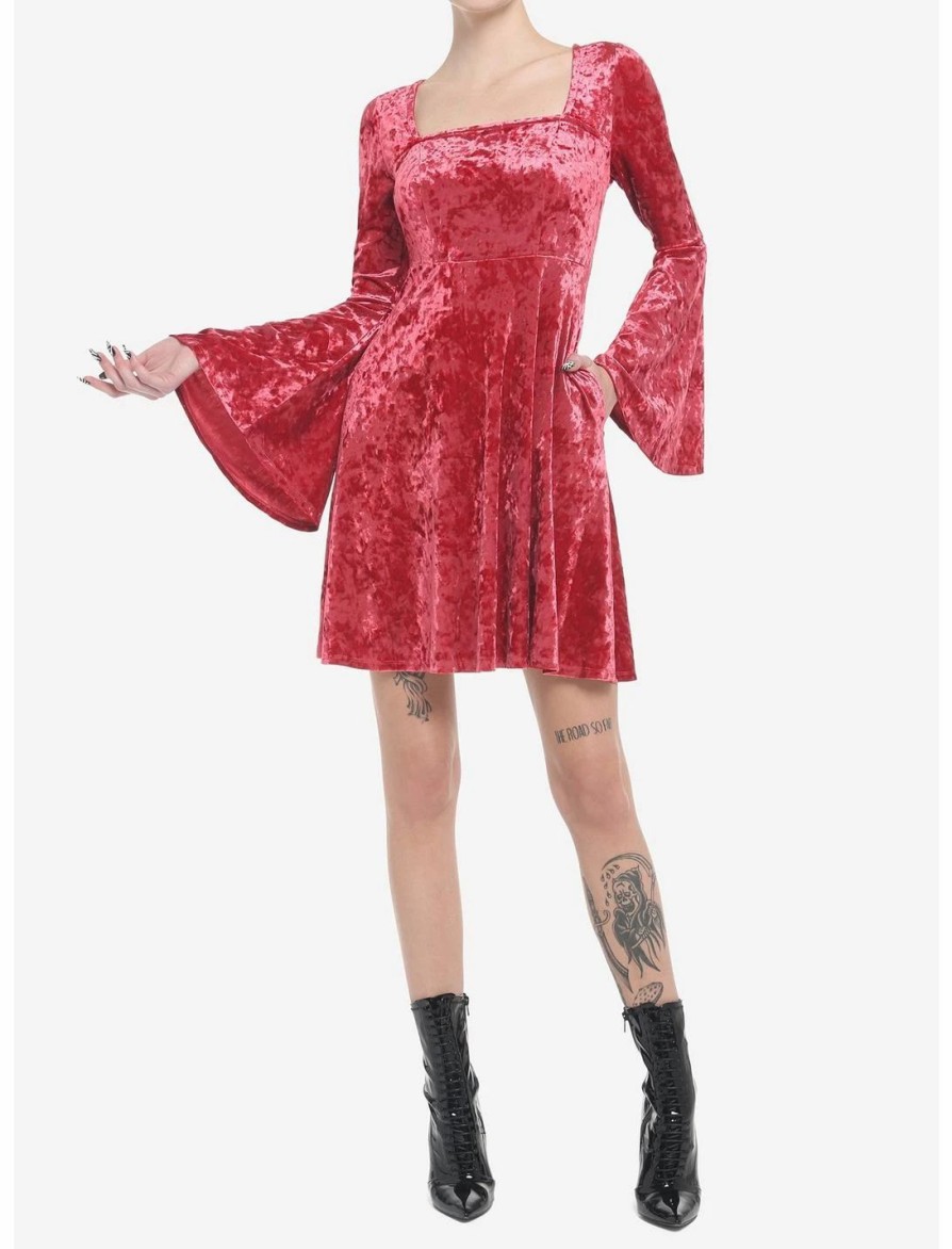 * Dresses | Null Red Crushed Velvet Bell Sleeve Mini Dress