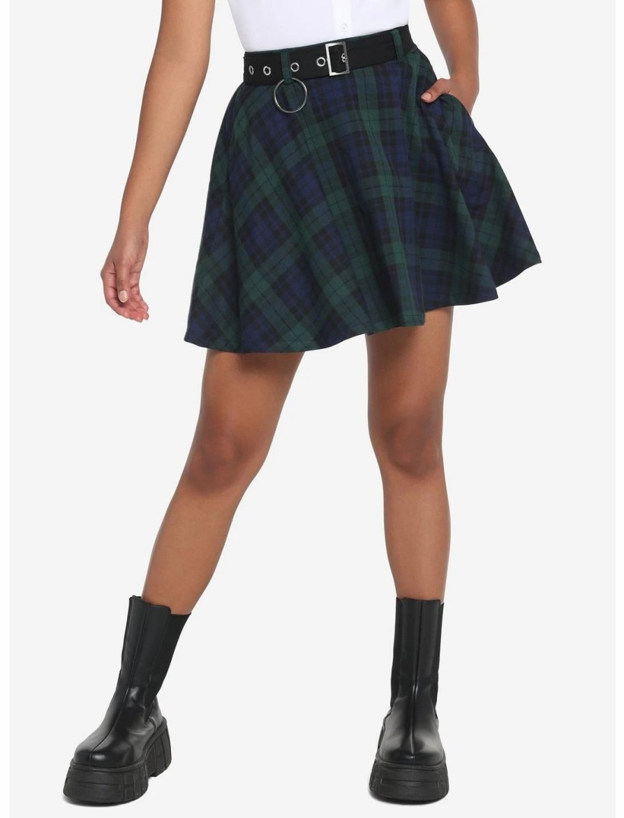 * Bottoms | Hunivers Green & Blue Plaid Skirt With Grommet Belt