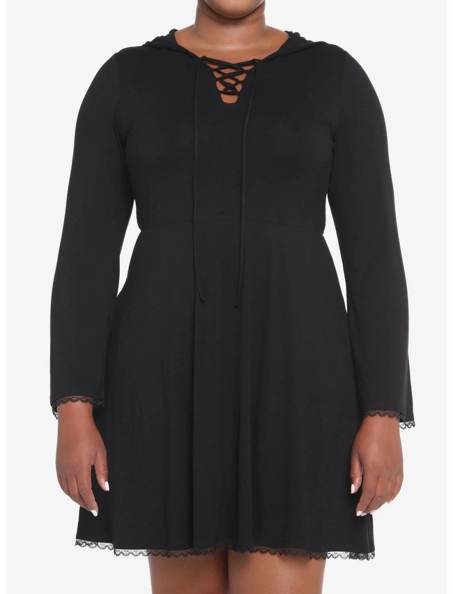 * Dresses | Hunivers Black Lace-Up Front Hooded Dress Plus Size