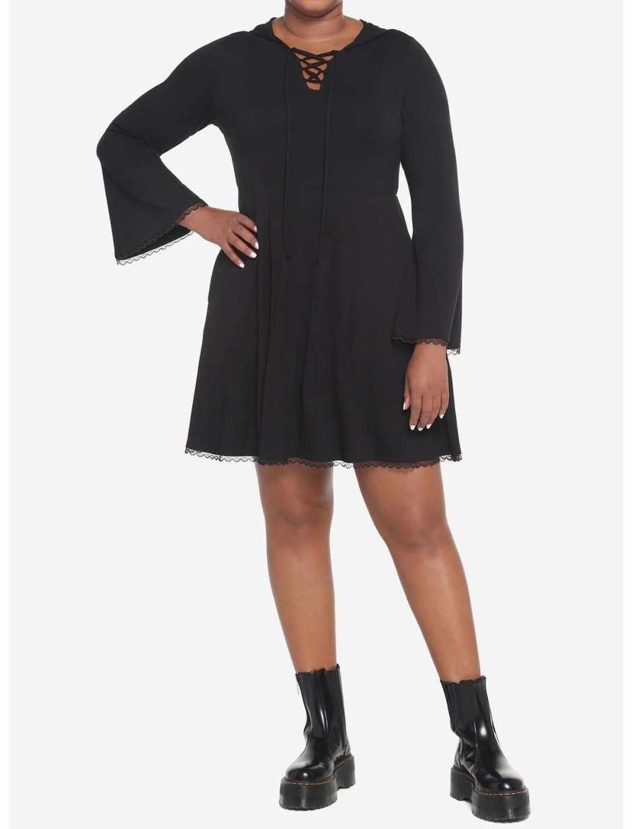 * Dresses | Hunivers Black Lace-Up Front Hooded Dress Plus Size