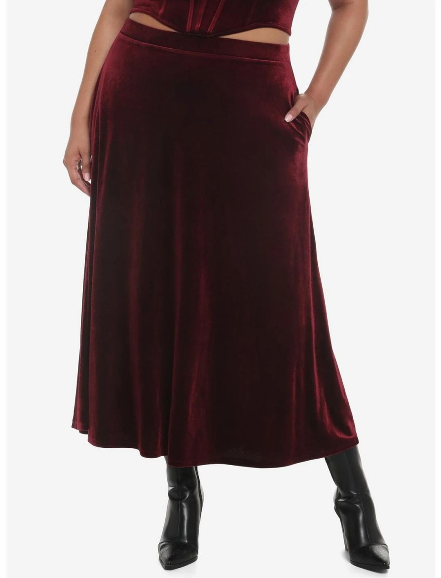 * Bottoms | Hunivers Burgundy Velvet Maxi Skirt Plus Size