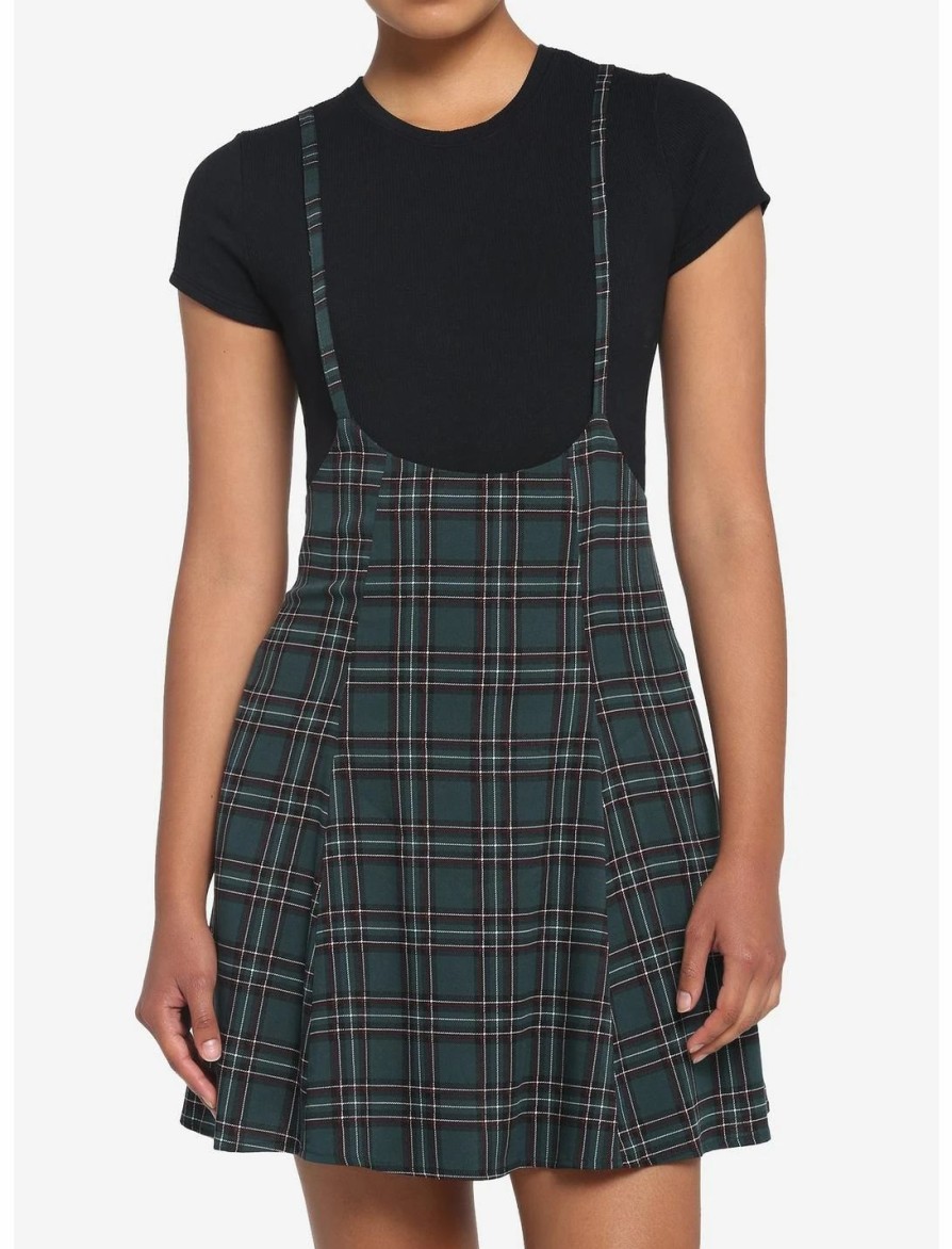 * Bottoms | Hunivers Green Plaid High-Waisted Suspender Skirt