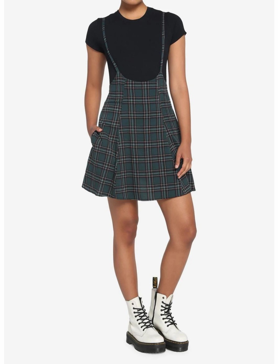 * Bottoms | Hunivers Green Plaid High-Waisted Suspender Skirt