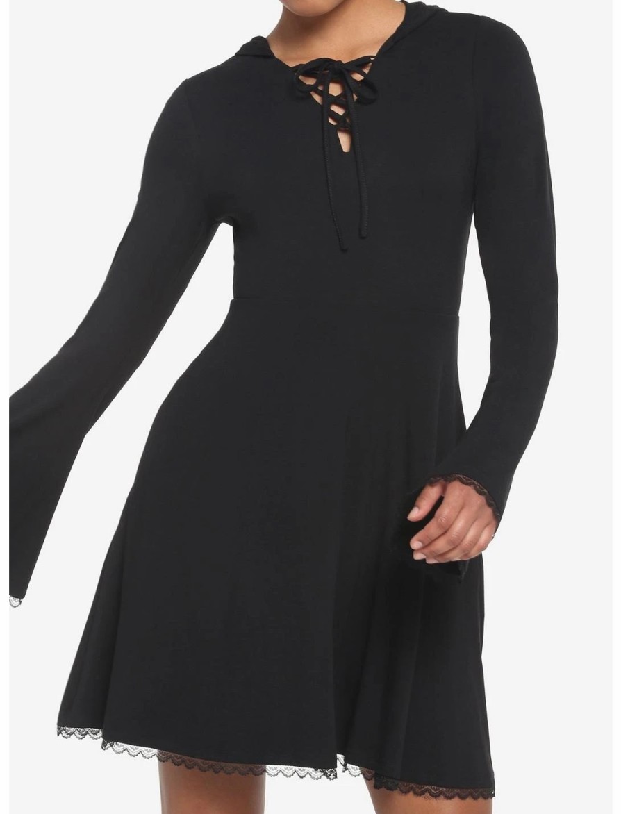 * Dresses | Hunivers Black Lace-Up Front Hooded Dress