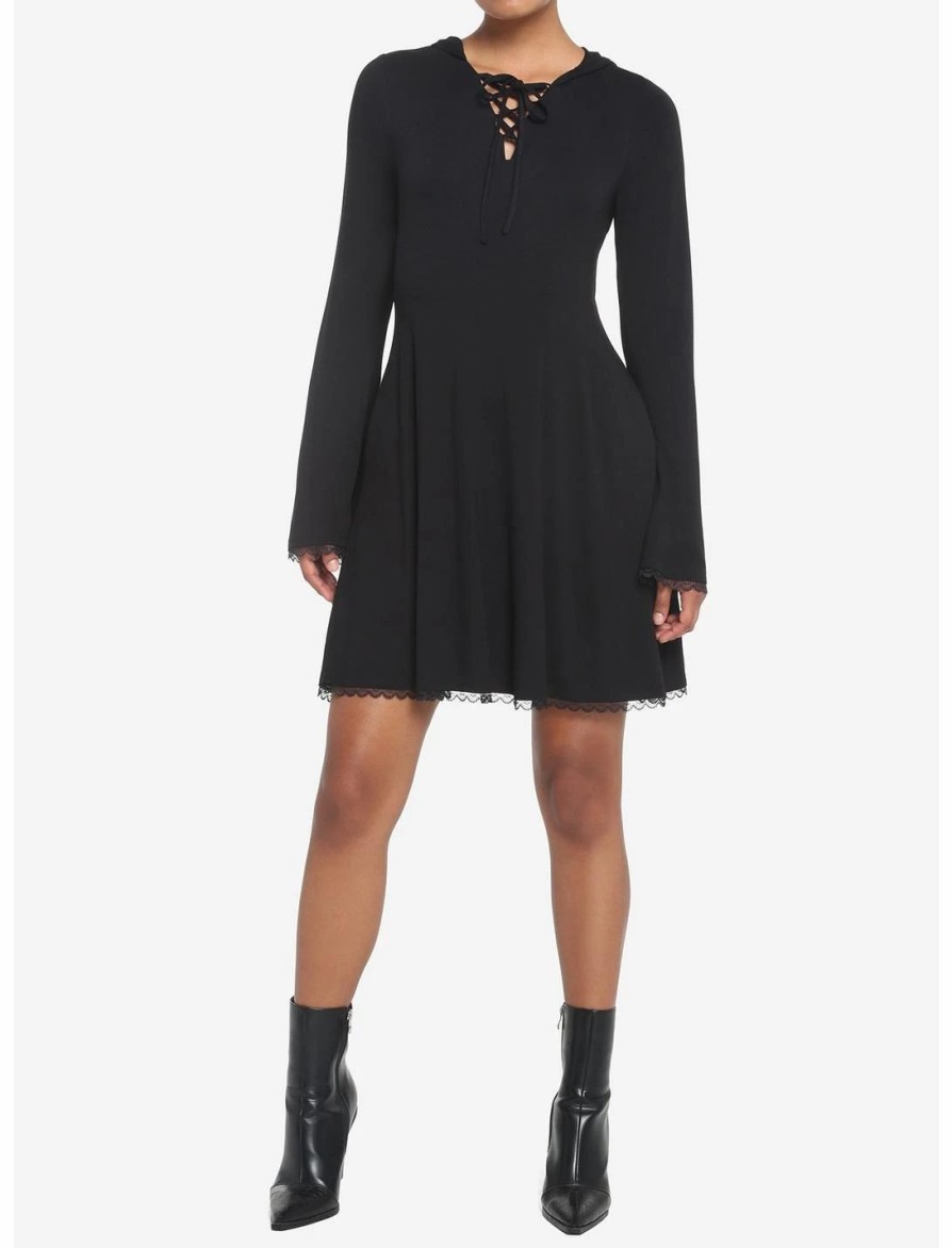 * Dresses | Hunivers Black Lace-Up Front Hooded Dress