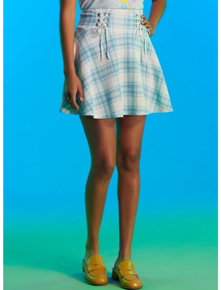 * Bottoms | Hunivers Blue & White Plaid Double Lace-Up Skirt