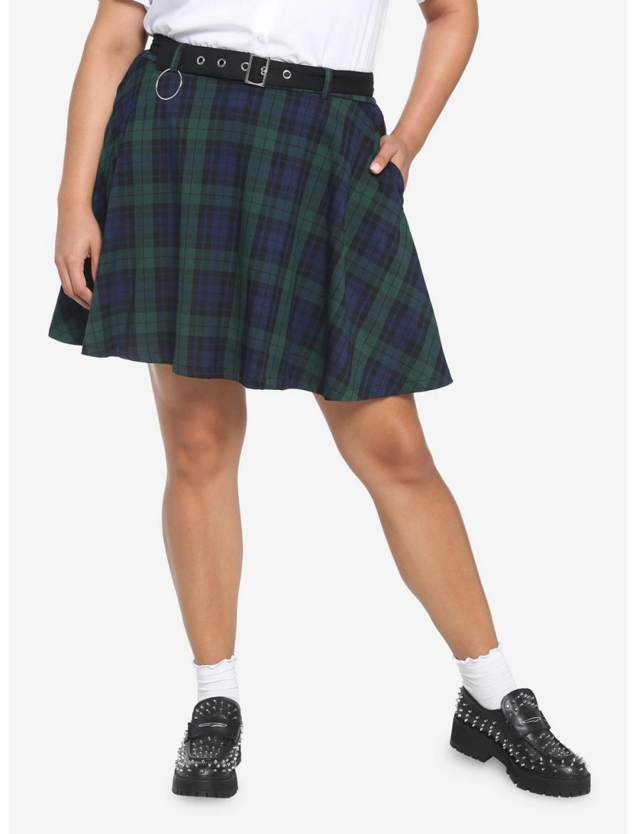 * Bottoms | Hunivers Green & Blue Plaid Skirt With Grommet Belt Plus Size