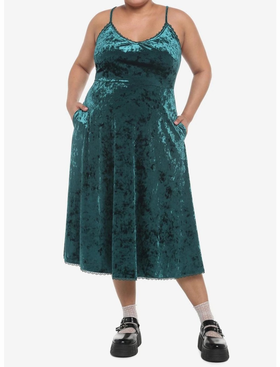 * Dresses | Hunivers Green Velvet Midi Slip Dress Plus Size