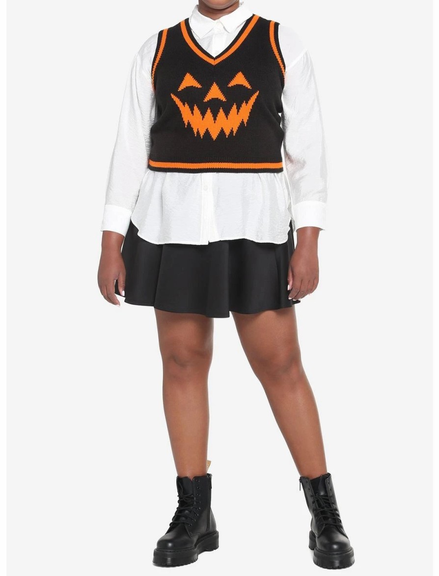 * Outerwear | Hunivers Black & Orange Pumpkin Sweater Vest Plus Size