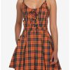 * Dresses | Hunivers Black & Orange Plaid Pleated Lace-Up Dress