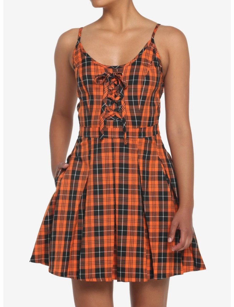 * Dresses | Hunivers Black & Orange Plaid Pleated Lace-Up Dress