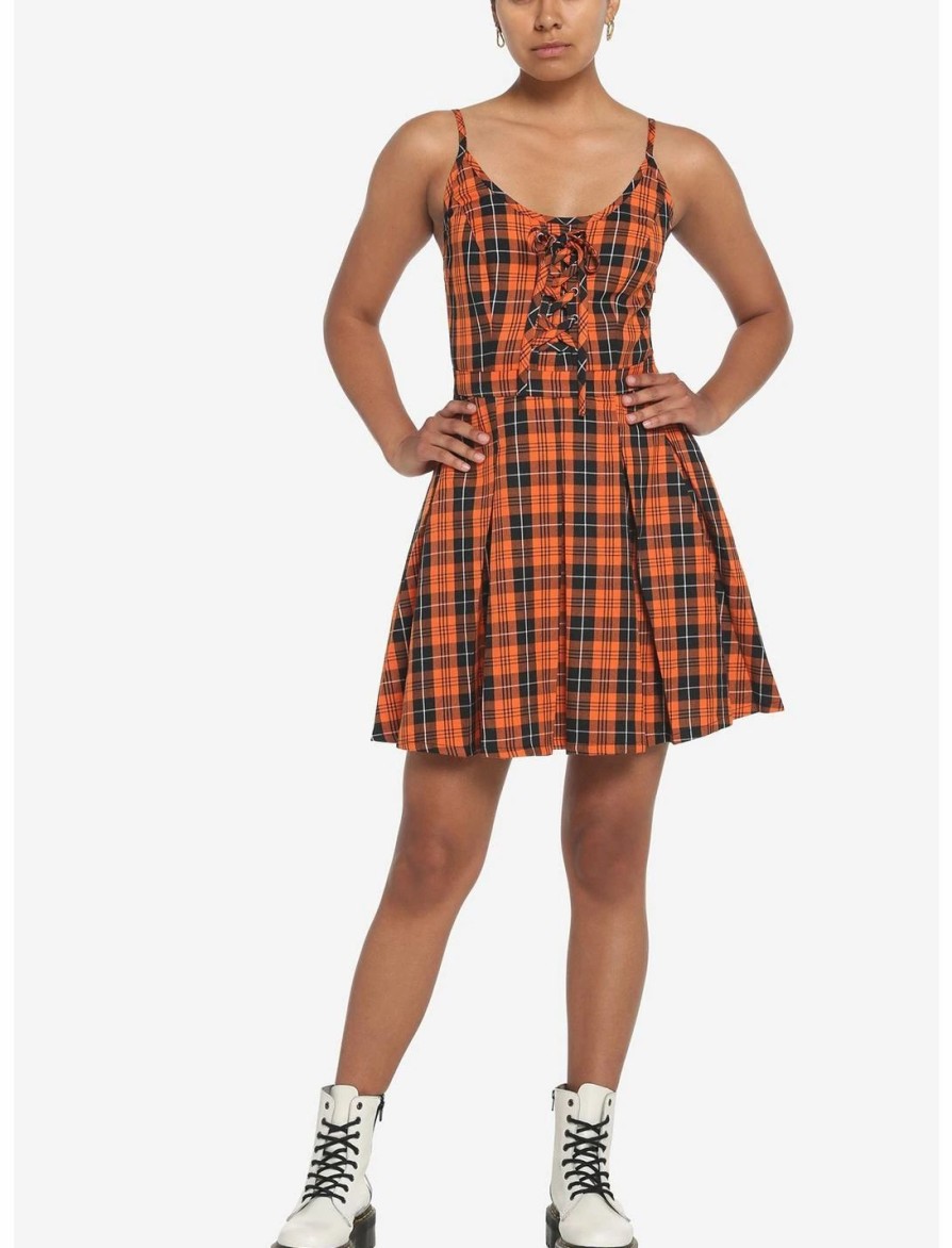 * Dresses | Hunivers Black & Orange Plaid Pleated Lace-Up Dress