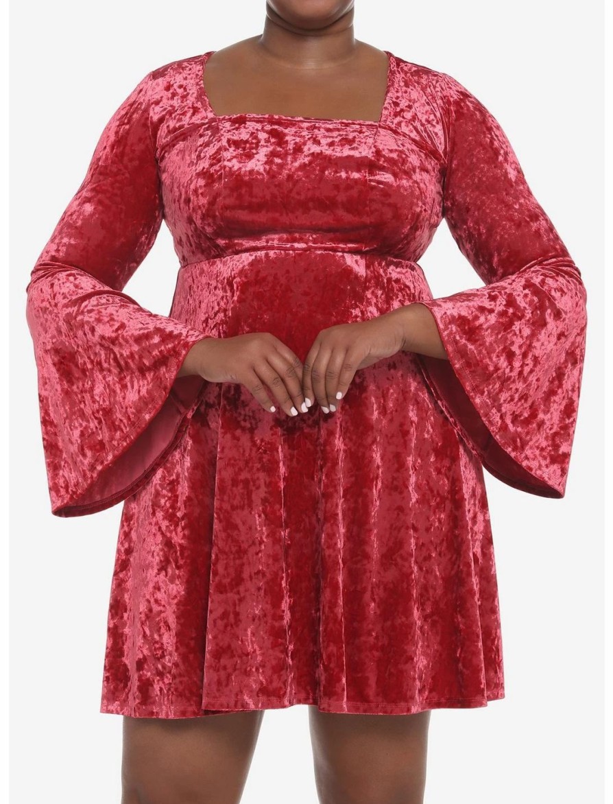 * Dresses | Null Red Crushed Velvet Bell Sleeve Mini Dress Plus Size