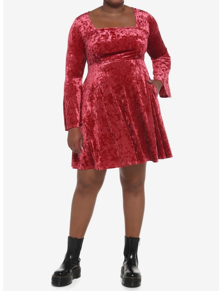 * Dresses | Null Red Crushed Velvet Bell Sleeve Mini Dress Plus Size