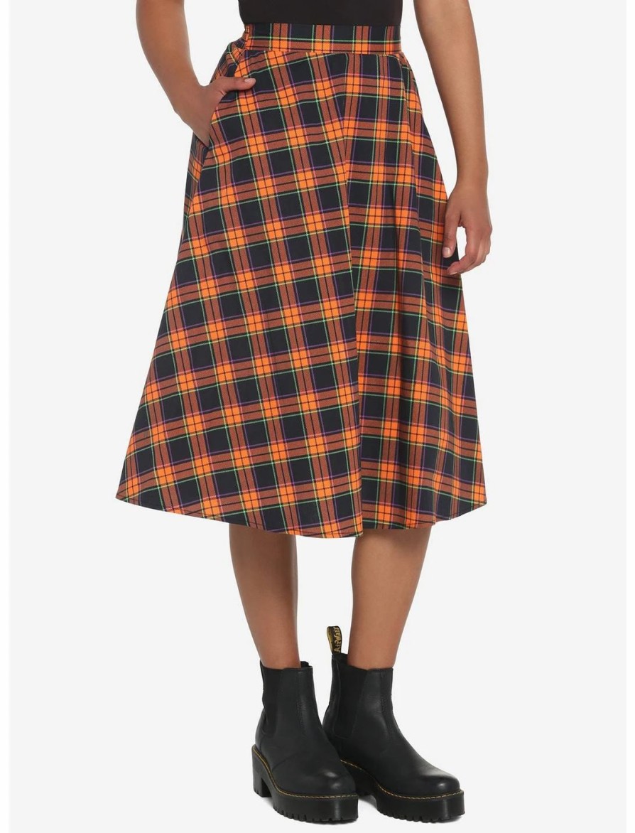 * Bottoms | Hunivers Orange & Black Plaid Retro Midi Skirt